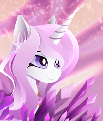 Size: 2861x3373 | Tagged: safe, artist:andaluce, derpibooru import, fleur-de-lis, pony, unicorn, abstract background, background pony, bust, crystal, ear fluff, ears, female, lineless, mare, smiling, solo, the crystal empire 10th anniversary