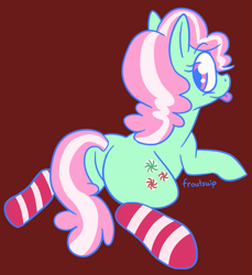 Size: 819x894 | Tagged: safe, artist:froutsuip, derpibooru import, minty, earth pony, pony, butt, clothes, female, looking back, lying down, plot, socks, solo, striped socks, tongue, tongue out