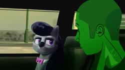 Size: 2560x1442 | Tagged: safe, artist:applephil, derpibooru import, octavia melody, oc, oc:anon, earth pony, human, pony, car, duo, female, human and pony, looking at each other, looking at someone, male, mare, mask