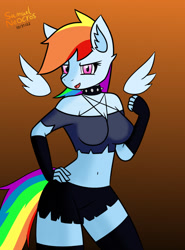 Size: 946x1280 | Tagged: safe, artist:samuel-neocros, derpibooru import, rainbow dash, anthro, pegasus, pony, belly button, choker, clothes, collar, cosplay, costume, cute, female, floating wings, helluva boss, loona (helluva boss), midriff, pentagram, solo, spiked choker, wings