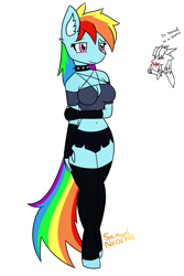 Size: 1013x1512 | Tagged: safe, artist:samuel-neocros, derpibooru import, rainbow dash, oc, anthro, pegasus, unguligrade anthro, belly button, blood, blushing, breasts, choker, clothes, cosplay, costume, cute, female, female focus, halloween, helluva boss, holiday, loona (helluva boss), midriff, nosebleed, pentagram, rainboob dash, simple background, solo focus, spiked choker, story included, white background