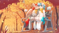 Size: 1920x1080 | Tagged: safe, artist:peachmayflower, derpibooru import, oc, oc only, oc:ericken, oc:time slowly, alicorn, pony, unicorn, alicorn oc, bench, blushing, clothes, duo, forest, glasses, horn, leaves, scarf, wings