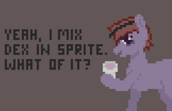 Size: 1292x834 | Tagged: safe, artist:longsword, derpibooru exclusive, derpibooru import, oc, oc only, pony, cup, dexterous hooves, drug use, drugs, female, looking at you, mare, medicine, missing horn, pixel art, sprite, text