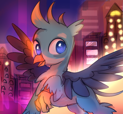 Size: 1080x1000 | Tagged: safe, artist:woolen cloe, derpibooru import, gallus, griffon, city, glowstick, happy, male, night