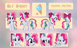 Size: 3060x1921 | Tagged: safe, artist:skysorbett, derpibooru import, oc, oc:sky sorbet, pegasus, pony, base used, bow, butt, hair bow, multicolored hair, plot, reference sheet