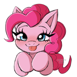 Size: 1683x1677 | Tagged: safe, artist:kiripi, derpibooru import, pinkie pie, earth pony, pony, :p, blushing, bust, cute, diapinkes, female, mare, outline, silly, simple background, solo, tongue, tongue out, transparent background, white outline