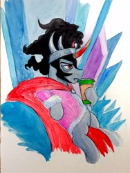 Size: 1698x2264 | Tagged: safe, artist:invalid-david, derpibooru import, king sombra, pony, unicorn, bathrobe, clothes, coffee, male, robe, sitting, sketchbook, solo, stallion, the crystal empire 10th anniversary, traditional art, watercolor painting