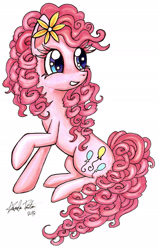 Size: 1207x1905 | Tagged: safe, artist:jejejoja, derpibooru import, pinkie pie, earth pony, pony, 2012, flower, flower in hair, head turn, old art, simple background, solo, traditional art, white background