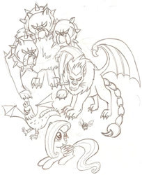 Size: 808x989 | Tagged: safe, artist:jejejoja, derpibooru import, cerberus (character), fluttershy, cerberus, cockatrice, manticore, parasprite, pegasus, pony, 2012, monochrome, multiple heads, old art, sketch, three heads, traditional art