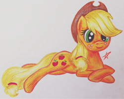 Size: 1280x1028 | Tagged: safe, artist:jejejoja, derpibooru import, applejack, earth pony, pony, 2012, lying down, old art, solo, traditional art