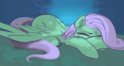 Size: 1280x679 | Tagged: safe, artist:verrmont, derpibooru import, fluttershy, pegasus, pony, crying, eyes closed, lying down, sad, solo