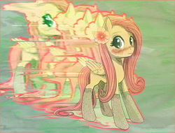 Size: 600x455 | Tagged: safe, artist:stoic-unicorn, derpibooru import, fluttershy, pegasus, pony, 2015, blushing, clothes, error, flower, flower in hair, glitch, old art, socks, solo