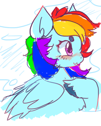 Size: 800x1000 | Tagged: safe, artist:kotokoe, derpibooru import, rainbow dash, pegasus, pony, 2014, :3, beanbrows, eyebrows, hoof on chest, old art, profile, solo