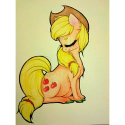 Size: 1224x1224 | Tagged: safe, artist:cozygh0st, artist:loftycastles, derpibooru import, applejack, earth pony, pony, eyes closed, head turn, solo, traditional art