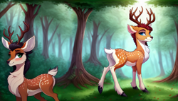 Size: 1792x1024 | Tagged: safe, derpibooru import, editor:paracompact, generator:purplesmart.ai, generator:stable diffusion, machine learning assisted, machine learning generated, oc, oc only, deer, antlers, blushing, butt, butt fluff, chest fluff, duo, ear fluff, ears, forest, forest background, looking back, plot, rear view, time-lapse included