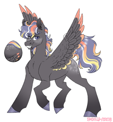 Size: 2000x2160 | Tagged: safe, artist:dozyarts, derpibooru import, oc, oc only, pegasus, pony, colored wings, colored wingtips, egg, eye clipping through hair, eyebrows, eyebrows visible through hair, grin, high res, looking at you, male, pegasus oc, simple background, smiling, smiling at you, solo, spread wings, stallion, unnamed oc, white background, wings