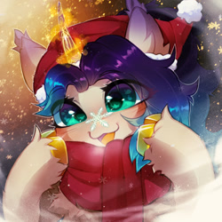 Size: 1280x1280 | Tagged: safe, artist:astralblues, derpibooru import, oc, oc only, pony, unicorn, christmas, clothes, hat, holiday, santa hat, scarf, snow, snowfall, snowflake, solo, unshorn fetlocks