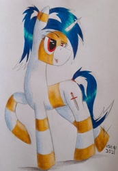 Size: 1707x2463 | Tagged: safe, artist:thecrimsonspark, derpibooru import, oc, oc only, oc:murky silentium, unicorn, blue hair, mute, red eyes, reference, reference sheet, solo, stripes, traditional art