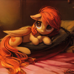 Size: 1024x1024 | Tagged: safe, derpibooru import, generator:stable diffusion, machine learning generated, pegasus, pony, anatomically incorrect, bed, bedroom, ears, floppy ears, lying down, lying on bed, on bed, pillow, solo, upscaled, waifu2x