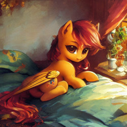 Size: 1024x1024 | Tagged: safe, derpibooru import, generator:stable diffusion, machine learning generated, scootaloo, pegasus, pony, alternate cutie mark, anatomically incorrect, bed, bedroom, butt, flower, looking at you, lying down, lying on bed, on bed, pillow, plot, solo, upscaled, waifu2x, window