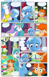 Size: 5738x8834 | Tagged: safe, artist:jeremy3, derpibooru import, princess celestia, trixie, oc, oc:flora, alicorn, pony, unicorn, comic:everfree, comic:everfree my friend, book, comic, ears, female, filly, filly trixie, floppy ears, foal, glowing, glowing horn, hoof shoes, horn, jewelry, open mouth, regalia, speech bubble, younger