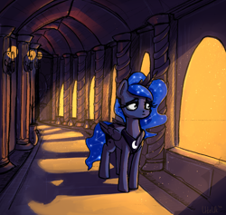 Size: 1854x1758 | Tagged: safe, artist:uteuk, derpibooru import, princess luna, alicorn, pony, castle, constellation, dust motes, female, mare, sad, solo, sunset, tired