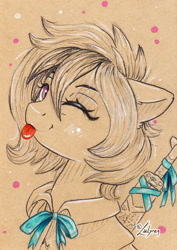 Size: 1240x1748 | Tagged: safe, artist:lailyren, derpibooru import, oc, oc only, oc:cuihua, earth pony, pony, :p, bust, cape, clothes, cute, female, mare, one eye closed, portrait, simple background, sketch, solo, sword, tongue, tongue out, traditional art, weapon, wink