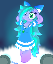 Size: 2597x3136 | Tagged: safe, artist:silvaqular, derpibooru import, oc, oc:cyanette, earth pony, semi-anthro, bipedal, bow, clothes, cute, cyan, dress, earth pony oc, heterochromia, jewelry, lighting, necklace, ocbetes, on stage (event), pattern, pose, sfw, shading, stage, standing