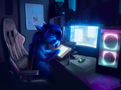 Size: 3830x2847 | Tagged: safe, artist:helmie-art, derpibooru import, oc, oc only, pony, chair, computer, microphone, ponysona, solo, vent