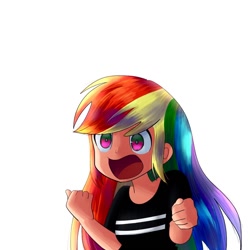 Size: 1200x1200 | Tagged: safe, artist:andromedasparkz, derpibooru import, rainbow dash, human, clothes, cute, dashabetes, female, humanized, open mouth, shirt, simple background, solo, t-shirt, white background