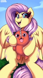 Size: 1250x2250 | Tagged: safe, artist:shadowreindeer, derpibooru import, fluttershy, dog, pegasus, chainsawman, pochita, smiling