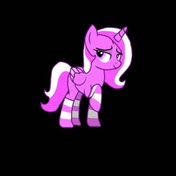 Size: 1280x1280 | Tagged: safe, derpibooru import, oc, oc only, oc:cherry blossom, alicorn, alicorn oc, black background, clothes, horn, simple background, socks, solo, striped socks, wings