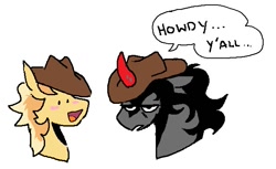 Size: 617x378 | Tagged: safe, artist:ghoulhowls, derpibooru import, braeburn, king sombra, earth pony, pony, unicorn, accessory swap, blushing, braeburn's hat, cowboy hat, crack shipping, dialogue, ears, floppy ears, gay, hat, male, shipping, simple background, smiling, unamused, white background