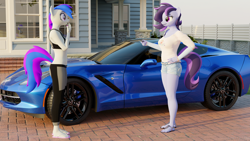 Size: 5760x3240 | Tagged: safe, artist:hunterz263, derpibooru import, oc, oc only, oc:inkwell stylus, oc:raven storm, anthro, plantigrade anthro, 3d, 5k, birthday gift, blender, car, clothes, corvette, duo, duo female, feet, female, female oc, flip-flops, house, key, looking at each other, looking at someone, midriff, nexgen, not sfm, outdoors, sandals, shorts, smiling, smirk, surprised, toes