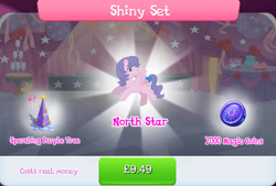 Size: 1266x854 | Tagged: safe, derpibooru import, idw, north star (g1), pegasus, pony, g1, g4, bow, bundle, costs real money, curtains, english, female, gameloft, idw showified, magic coins, mare, numbers, official, sale, solo, solo focus, spread wings, tail, tail bow, text, tree, wings