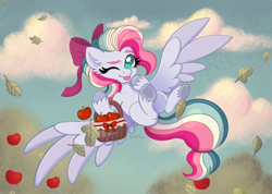 Size: 2618x1869 | Tagged: safe, artist:urichan, derpibooru import, oc, oc:sky sorbet, pegasus, pony, basket, bow, flying, hair bow, multicolored hair