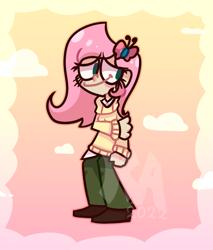 Size: 722x846 | Tagged: safe, artist:keymilanimations, derpibooru import, fluttershy, human, female, humanized, solo