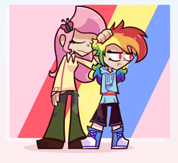 Size: 1316x1212 | Tagged: safe, artist:keymilanimations, derpibooru import, fluttershy, rainbow dash, human, converse, duo, female, flutterdash, height difference, humanized, lesbian, shipping, shoes, sneakers