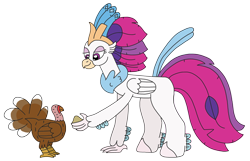 Size: 3138x2016 | Tagged: safe, artist:supahdonarudo, derpibooru import, queen novo, bird, classical hippogriff, hippogriff, my little pony: the movie, bird seed, feeding, holiday, offering, simple background, thanksgiving, transparent background, turkey