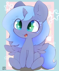Size: 2500x3000 | Tagged: safe, artist:zokkili, derpibooru import, princess luna, alicorn, pony, eye clipping through hair, female, filly, foal, happy, open mouth, open smile, smiling, solo, spread wings, starry eyes, wingding eyes, wings, woona, younger