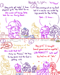 Size: 4779x6013 | Tagged: safe, artist:adorkabletwilightandfriends, derpibooru import, moondancer, starlight glimmer, twilight sparkle, twilight sparkle (alicorn), oc, oc:lawrence, oc:pinenut, alicorn, cat, comic:adorkable twilight and friends, adorkable, adorkable twilight, bread, clothes, comic, crying, cute, dining room, dinner, dork, family, feast, food, fork, friendship, glasses, happy, holiday, kitchen, knife, love, napkin, necktie, plate, sad, salad, secret, slice of life, smiling, sweater, table, thanksgiving