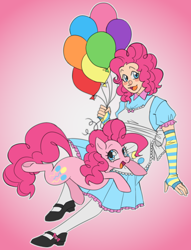 Size: 924x1210 | Tagged: safe, artist:mechanakal, derpibooru exclusive, derpibooru import, pinkie pie, earth pony, human, apron, arm warmers, balloon, blushing, clothes, cute, cutie mark on clothes, diapinkes, dress, duo, duo female, female, floating, frilly dress, gradient background, humanized, looking sideways, mare, open mouth, open smile, outline, pink hair, self paradox, self ponidox, shoes, smiling, stockings, thigh highs, underhoof, white outline