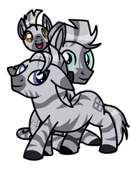 Size: 768x1024 | Tagged: safe, alternate version, artist:windy breeze, derpibooru import, oc, oc only, pony, zebra, 2023 community collab, blue eyes, brother and sister, brown eyes, derpibooru community collaboration, female, filly, foal, green eyes, horse riding a horse, leonine tail, looking at you, male, mare, riding, riding a pony, siblings, simple background, sitting, smiling, smiling at you, stallion, stripes, tail, transparent background, trio, walking, zebra oc