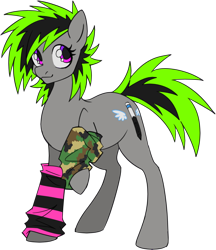 Size: 1200x1392 | Tagged: safe, artist:mechanakal, derpibooru exclusive, derpibooru import, oc, oc only, oc:raziel, earth pony, pony, 2023 community collab, arm warmers, camouflage, clothes, derpibooru community collaboration, female, gradient eyes, gray coat, mare, needs more saturation, neon, ponified, ponified oc, raised hoof, raised leg, simple background, smiling, solo, spikey mane, stripes, transparent background, two toned mane, wacom