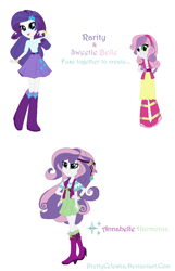 Size: 806x1252 | Tagged: safe, artist:prettycelestia, derpibooru import, rarity, sweetie belle, equestria girls, belt buckle, boots, clothes, four arms, fusion, headband, high heel boots, jewelry, long hair, long skirt, ring, shoes, simple background, skirt, white background