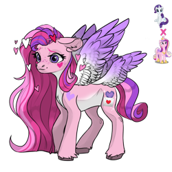 Size: 1080x1080 | Tagged: safe, artist:crumbelinadicarmello, derpibooru import, oc, pegasus, pony, g4, avatar maker fantasy pony, colored wings, curly hair, curly mane, facial markings, female, freckles, gradient wings, hairpin, heart, letter, long mane, love letter, lovecore, magical lesbian spawn, multiple wings, oc focus, offspring, parent:princess cadance, parent:rarity, parents:raridance, pink mane, red mane, shy, simple background, solo focus, transparent background, wings