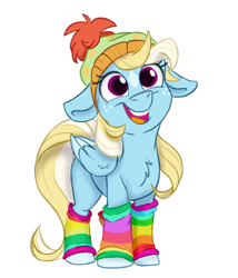 Size: 975x1138 | Tagged: safe, artist:rutkotka, derpibooru import, oc, oc only, oc:bubbly, pegasus, pony, chest fluff, clothes, cute, ears, female, filly, floppy ears, foal, freckles, hat, leg warmers, next generation, offspring, open mouth, open smile, parent:rainbow dash, parent:zephyr breeze, parents:zephdash, simple background, smiling, socks, solo, white background, winter