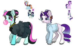 Size: 1893x1348 | Tagged: safe, artist:crumbelinadicarmello, derpibooru import, oc, earth pony, pony, unicorn, g4, avatar maker fantasy pony, black dress, blaze (coat marking), bubblegum, clothes, coat markings, dress, duo, eyebrows, eyeshadow, facial markings, female, food, gum, hair bun, jewelry, kpop, magical lesbian spawn, makeup, offspring, parent:coloratura, parent:rarity, parent:sassy saddles, parent:starlight glimmer, parents:saddleatura, parents:starity, school uniform, simple background, singer, socks (coat marking), sweater, transparent background