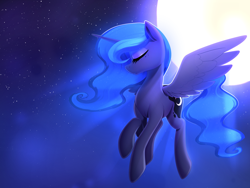 Size: 2400x1800 | Tagged: safe, artist:thebatfang, derpibooru import, princess luna, alicorn, pony, eyes closed, female, flying, freckles, mare, moon, night, smiling, solo, stars