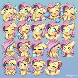 Size: 2000x2000 | Tagged: safe, artist:symbianl, derpibooru import, fluttershy, pegasus, pony, ..., :3, aside glance, bedroom eyes, blank eyes, blushing, bow, breath, bust, cheek fluff, chest fluff, covering mouth, cross-popping veins, cute, cute little fangs, drool, ears, emanata, exhale, expressions, eyes closed, fangs, feather fingers, female, floppy ears, gray background, grin, hair bow, heart, heart eyes, high res, looking at you, looking down, mischievous, no pupils, ok, one eye closed, open mouth, open smile, pom pom, question mark, raised eyebrow, raised hoof, raised leg, sad, shaking, shrug, shy, shyabetes, simple background, smiling, smiling at you, snaggletooth, solo, spread wings, starry eyes, stars, stray strand, supporting head, teary eyes, three quarter view, tongue, tongue out, underhoof, wavy eyes, wavy mouth, wing hands, wingding eyes, wings, wink, winking at you, yawn